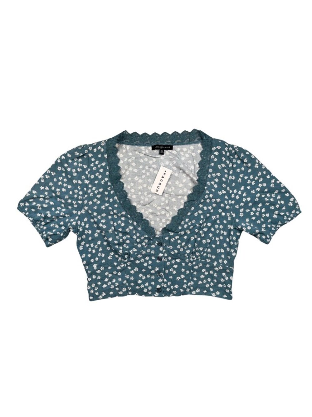 Kendall + Kylie Floral Lace Trim Button Crop Top M NWT